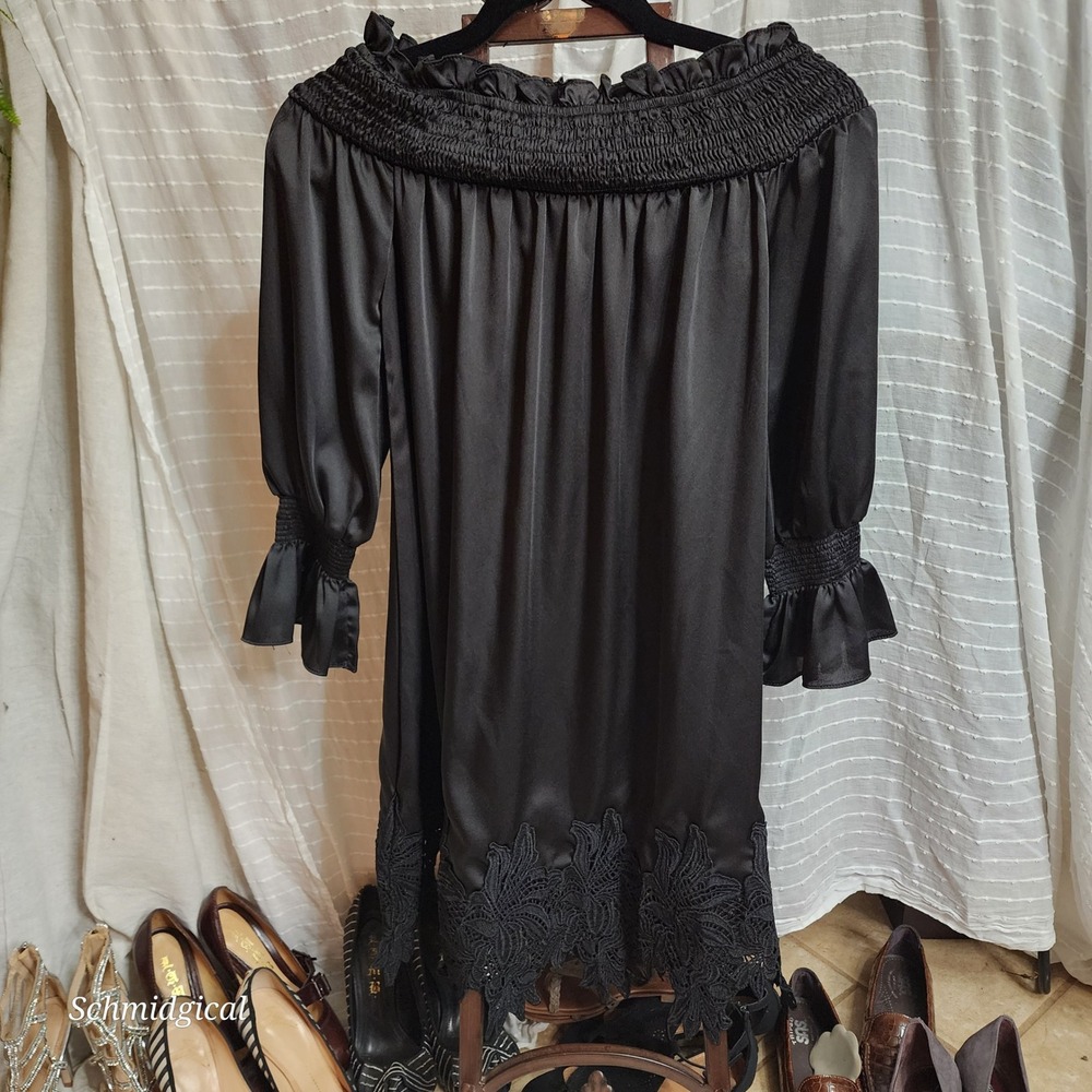 Charlie O. by Kinnucan's Black Satin Off Shoulder Lace Trim Mini Dress Small